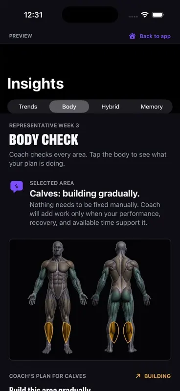 BEEFY Insights screen showing body region analysis.