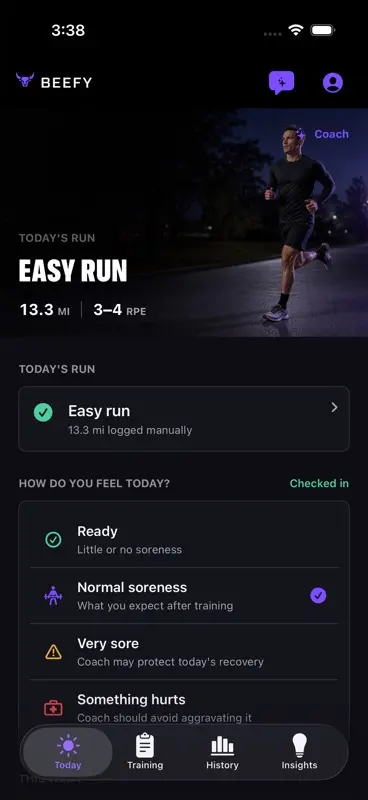 BEEFY Today screen showing an easy run and recovery check-in.