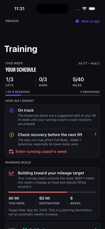 BEEFY Training screen showing lift, run, and mileage progress.